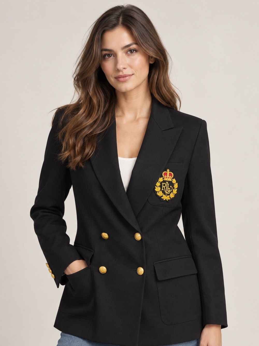 Vintage Lauren Ralph Lauren Black Double Breasted Crest Blazer Gold Buttons 6